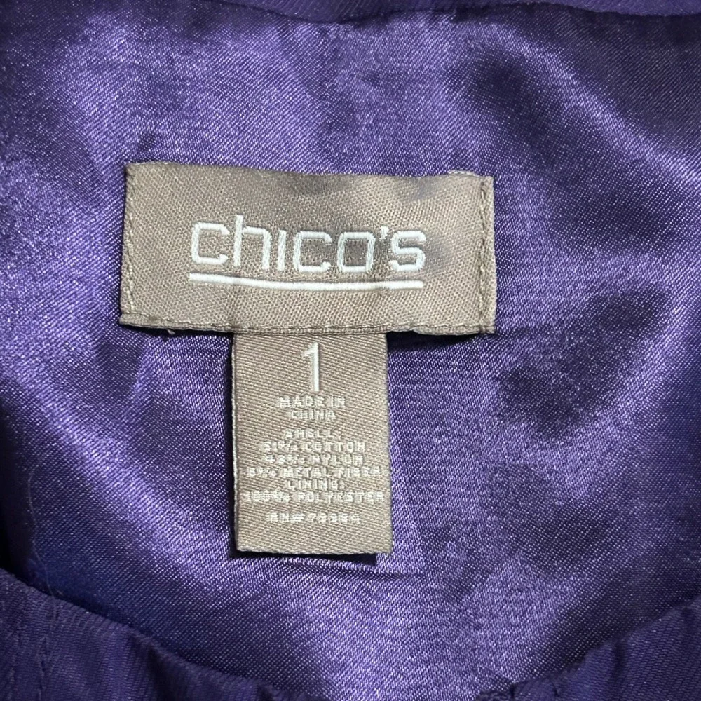 Chicos Purple Full Zip Ruffle Neck Lightweight Jacket Size 1 M Cotton Blend